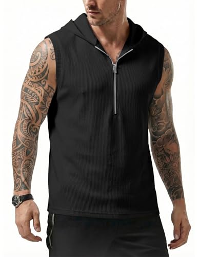 JMIERR Mens Fashion Sleeveless Hoodie Tank Tops Quarter Zip Pullover Vest Casual Slim Fit Muscle Hooded Tee Shirts for Summer Beach and Streetwear L Black