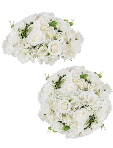 BLOSMON Fake Flower Balls Centerpieces: 2 Pcs 15.7" Large White Rose Hydrangea Artificial Flowers Arrangement for Wedding Table - Faux Silk Floral for Party Home Reception Decoration