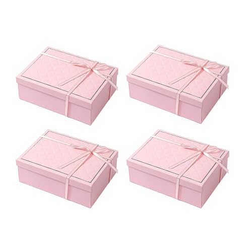 kaxilu Pink Gift Box Luxury With Lid & Ribbon, Foldable Gift Boxes 4 Pack 9.8x7x3.3Inches - Elegant Wedding & Birthday Packaging Gifts Box