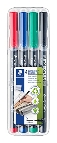 STAEDTLER permanentní popisovač Lumocolor, super jemný, cca 0,4 mm, odolný proti rozmazání a vodě, Made in Germany, doplňovací, dlouhá životnost, 4 univerzální tužky v tříděných barvách, 313 WP4