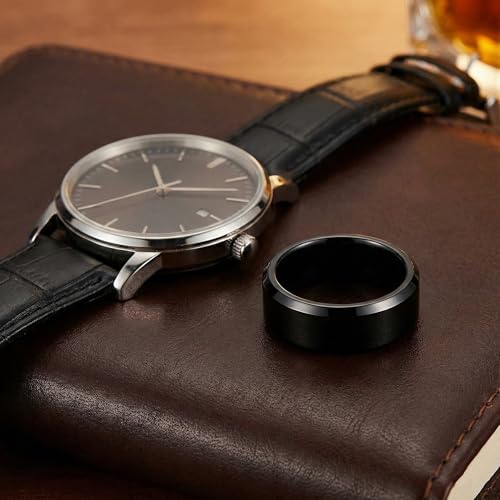 Image of Men's Black Wedding Band Stainless Steel Ring - Matte Brushed Center with Polished Beveled Edges - Comfort Fit Engagement Promise Ring for Him