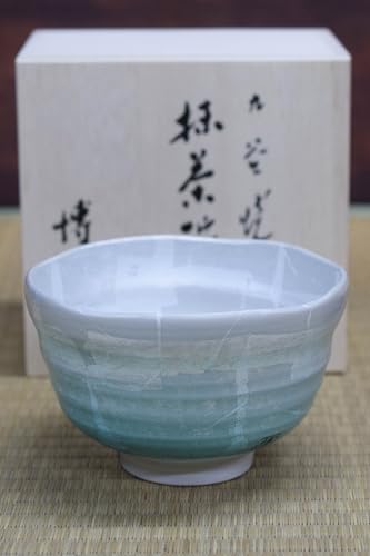 明山 九谷焼 金彩波文茶盌 共箱合布 抹茶碗 抹茶茶碗 茶道具 茶器 食器 茶陶 抹茶碗 銀彩 / 博峰窯