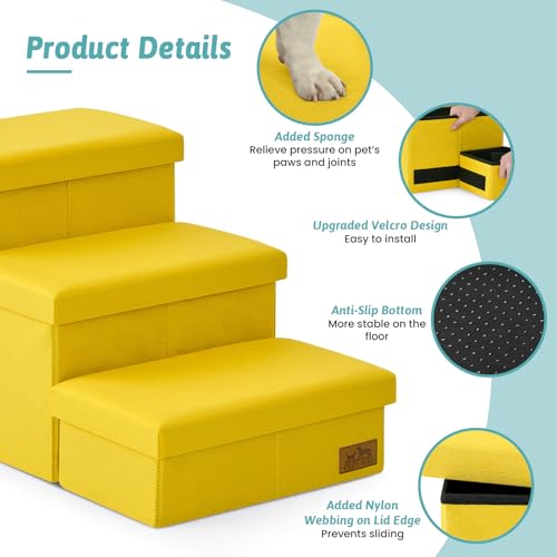 Image of Dog Stairs with Storage, 3-Step Wider Sturdy Dog Steps for Small /Medium /Large Dogs and Older Cats, Folding Doggie Ramp for Bed /Couch /Car Hold Up to 180 lbs (16.7 inch H, Yellow)