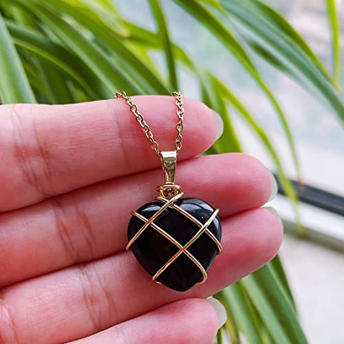 包まれた天然水晶ペンダントネックレス女性のための素敵なハート型の石振り子オパールパープルクリスタルチョーカー,黒曜石