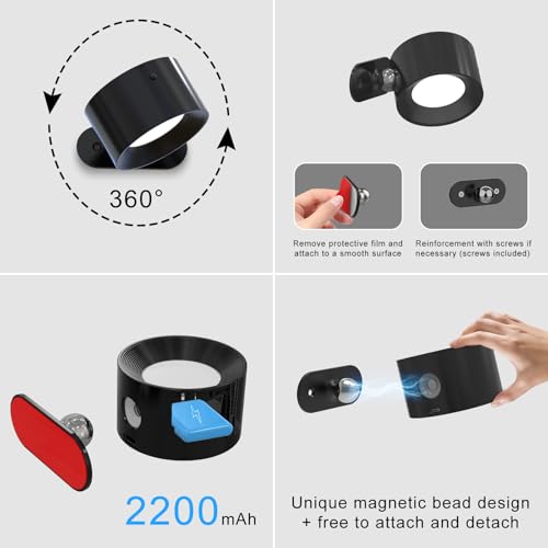 Image of Koopala 3PACK Rechargeable LED Wall Sconce, Cordless Battery with Remote Powered Wall Sconce, 3 Brightness Levels, 360 Swivel Magnetic Shade for Bedrooms, Hallways, Den and Reading Spaces（Black）