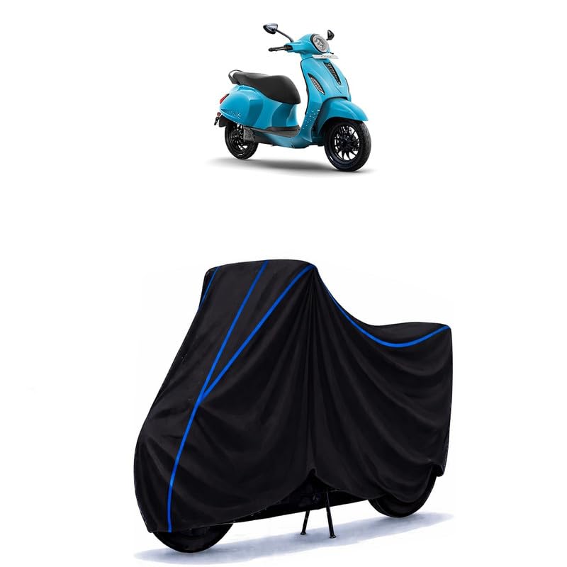 Image of Scooty Cover Water Resistant for Chetak Blue 2903 TecPac | Universal Scooter & Bike Cover | Heavy Duty UV Dust, Rain & Scratch Protection Weather Indoor Outdoor | Black with Blue Piping