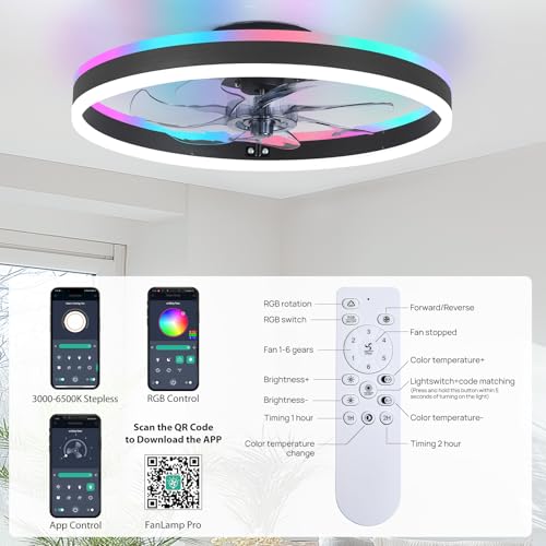 Image of 20 inch RGB Ceiling Fans with Lights and Remote /APP, Dimmable 3000-6500K LED Low Profile Ceiling Fan with Light, Modern Fandelier Flush Mount Ceiling Fan Light for Living Room, Bedroom and Kitchen