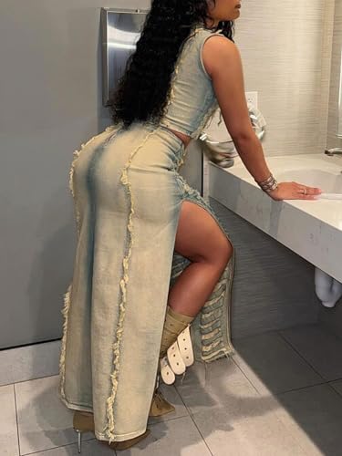 KANSOON Skirt Sets Women 2 Piece Outfits Denim Ripped Distressed Sleeveless Crop Tank Tops and Split Maxi Skirt Set4