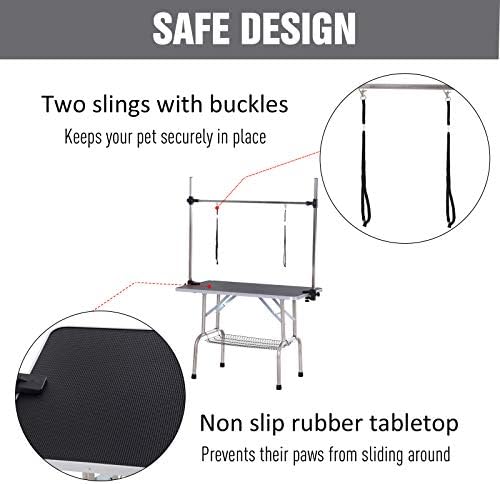 PawHut Adjustable Dog Grooming Table Rubber Top 2 Safety Slings Mesh Storage Basket Heavy Metal Black 107 x 60 x 170cm