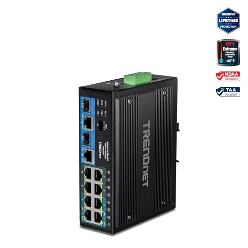 Image of TRENDnet 10-Port Hardened Industrial Unmanaged Gigabit PoE ++ DIN-Rail Switch, 4 Gigabit PoE++ Ports, 4 Gigabit PoE+, 2 Gigabit Share Ports SFP or RJ-45, 360W Power Budget, Black, TI-BG104
