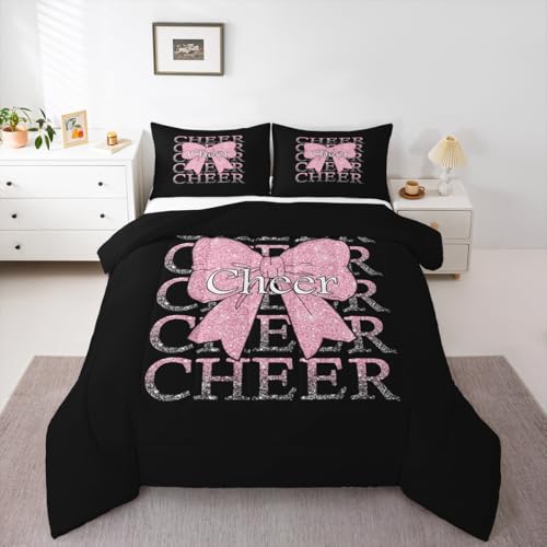 Image of Feelyou Cheer Bow Bedding Set Soft for Boys Girls, Cheerleader Comforter Set Full Size Funny Sport Duvet Quilt Microfiber Light Pink Bedroom Decor 3 Pcs with 2 Pillow Cases