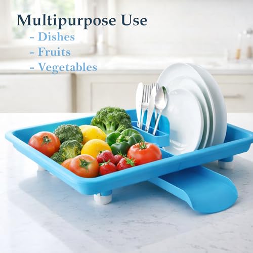 Image of AURAM Dish Drainer Tray Blue - Kitchen Sink Drain Board - Water Drip Tray for Drying Utensils - Durable Plastic Dish Drying Base - Anti-Slip, Easy Clean, Large Capacity