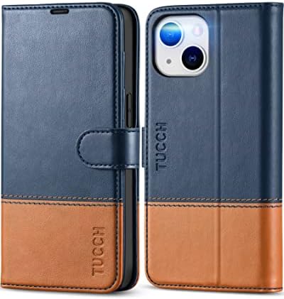TUCCH Wallet Case for iPhone 14, [RFID Blocking] [4 Card Slots] TPU Interior Protective Case, Magnetic Folio Shockproof PU Leather Stand Flip Cover Compatible with iPhone 14 6.1 5G, Blue&Brown