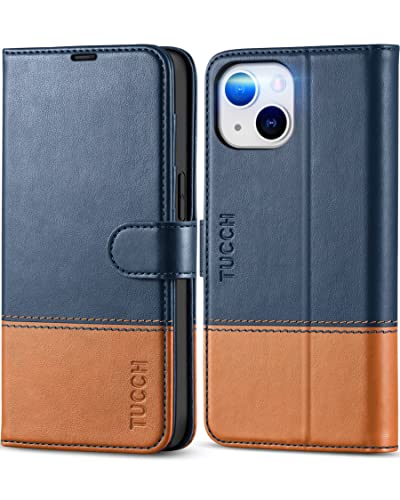 Tucch Wallet Case For Iphone 14, [Rfid Blocking] [4 Card Slots] Tpu Interior Protective Case, Magnetic Folio Shockproof Pu Leather Stand Flip Cover Compatible With Iphone 14 6.1 5G, Blue&Brown #TOP17