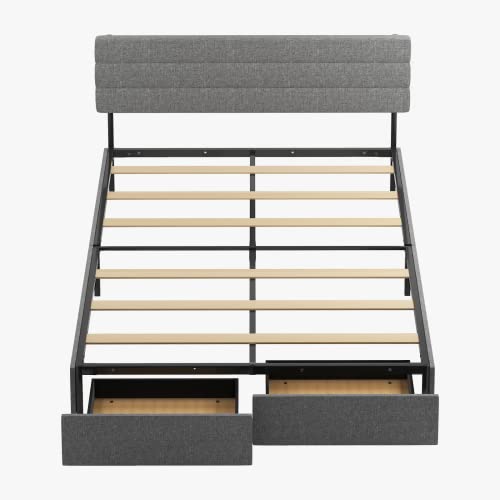 Zafly California King Bed Frame With 2 Storage Drawers,Platform California King Size Bed Frame With Linen Headboard,Wooden Slats Mattress Foundation,No Box Spring Needed,Easy Assembly,Dark Grey #TOP6