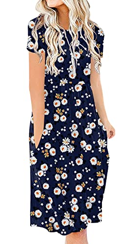 Image of DB MOON Women Summer Casual Short Sleeve Dresses Empire Waist Dress with Pockets (Navy Blue Flower, S)