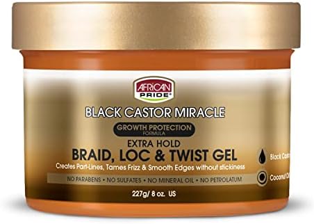 African Pride Black Castor Miracle Extra Hold Braid, Loc, Twist Gel, Tames Frizz & Edges, No Parabens, No Sulfates, No Mineral Oil, No Petrolatum, Contains Black Castor & Coconut Oil, 8 oz