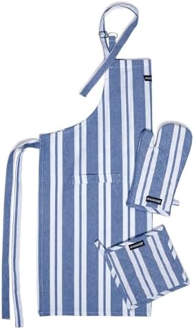 Encasa XO Kitchen Apron with Oven Gloves & Potholder - Combo Set -100% Cotton - Heat Resistant - Franca Blue Stripes (27"x33")