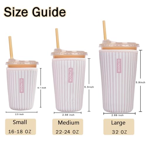 Image of Reusable Insulated Sleeve for Iced Coffee Cup, Coffee Neoprene Sleeve for Cold & Hot Drinks, Beverage Holder for Iced Coffee (Pink Stripes, Medium: 22-24oz)