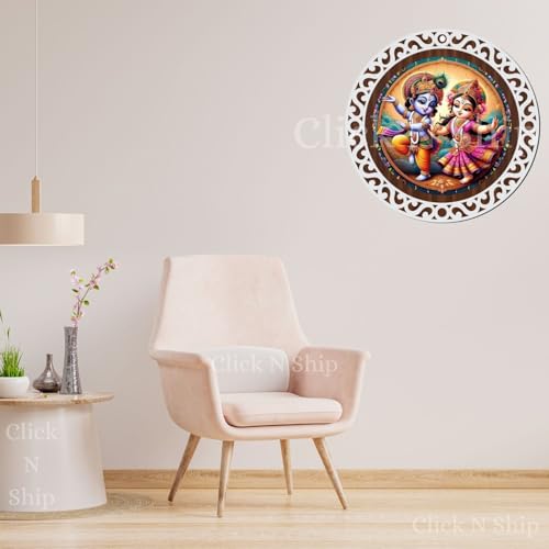 Image of Click n ship 9 Inch Wooden Wall Hanging with UV Print - Radha Krishna Decorative Art - Round MDF Frame for Home & Temple Decor - Vibrant Color Spiritual Wall Decor