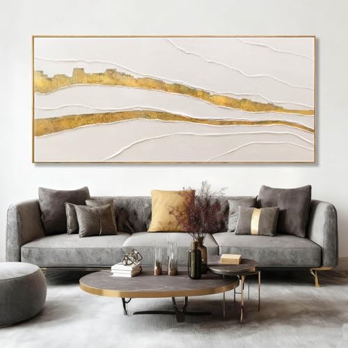 Image of VAYIMDH White and Gold Oil Painting Wall Art Abstract Wall Decor Line Hanging Art 32 inchx70 inch Large Artwork for Living Room Decorative Pictures for Office