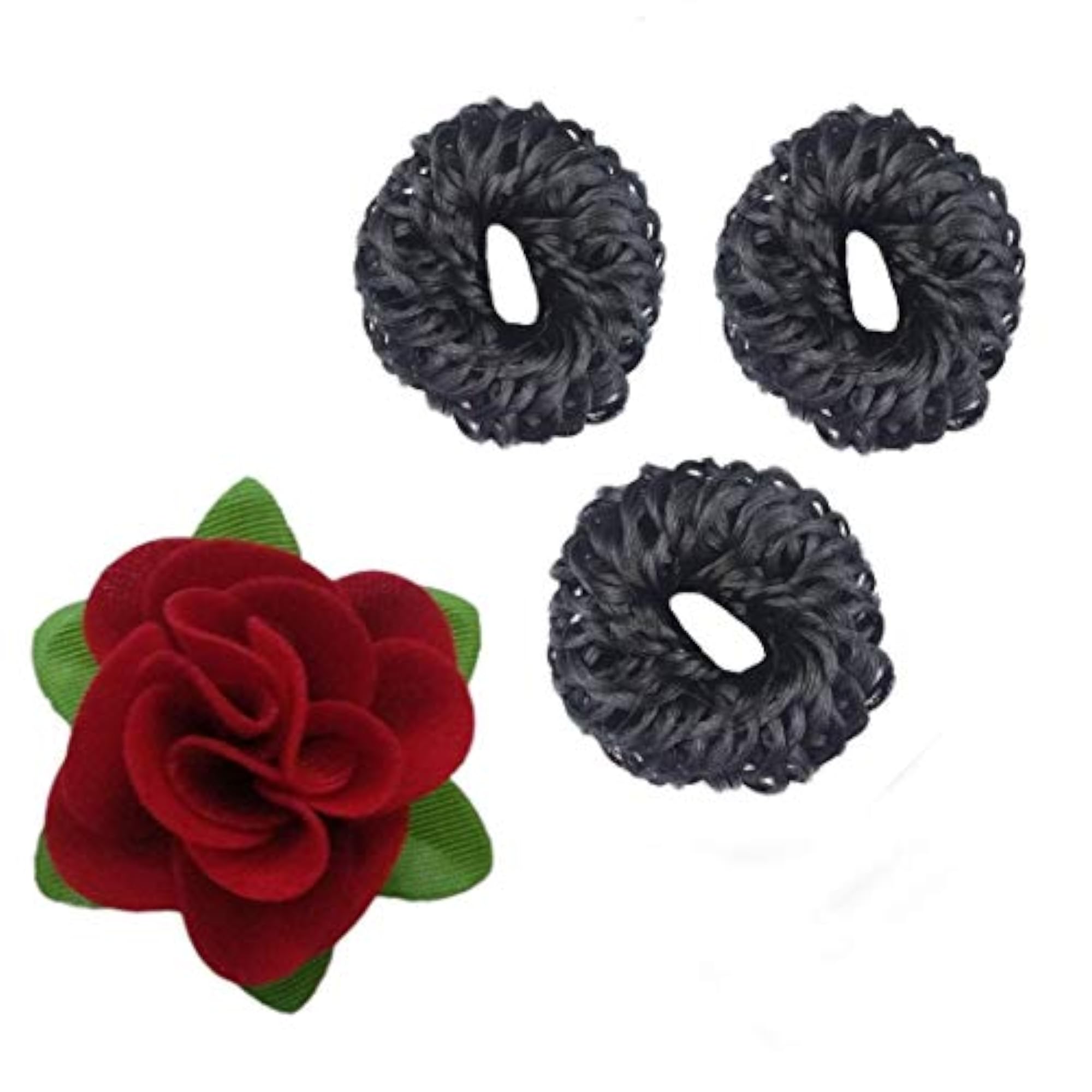 Pack of 3 Black Synthetic Juda Bun Maker with Red Rose Clip