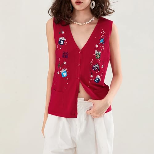 Image of KMBANGI Women Christmas Button Sweater Vest Embroidery Sleeveless Cardigan