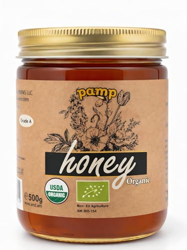 Pamp Organic Honey 500g 100% Natural Unfiltered & Unpasteurized Clover Honey Raw Unheated Certified Organic by Ecocert SA Product of Armenia