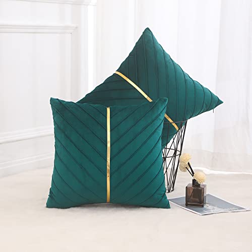 Tosleo Velvet Throw Pillow Covers 18X18 Pack Of 2 With Gold Leather,Decorative Couch Pillowcases Luxury Modern Pillow Cover For Living Room Bedroom Sofa Cushion Bed(Peacock Blue,18X18,Set Of 2) #TOP2