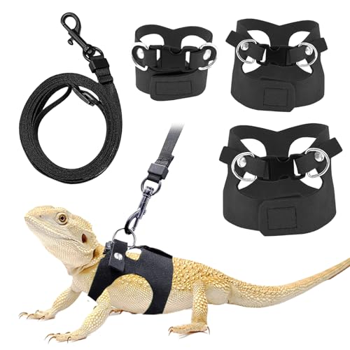 Bearded Dragon Leash and Harness Set - 3-Size Adjustable Soft Leather Vest for Training & Walking, Easy-On-and-Off Design (Black, 2M)