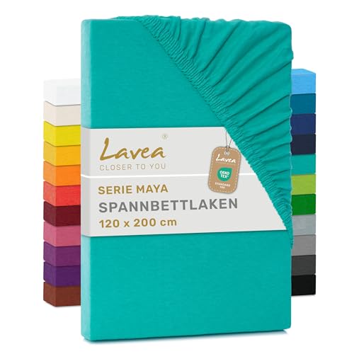 Lavea® Spannbettlaken 120 x 200 cm Maya Jersey, Bettlaken aus 100% Baumwolle, mit Rundumgummi für Matratzen bis 20 cm, atmungsaktiv, pflegeleicht, formstabil, Spannbetttücher, Türkis