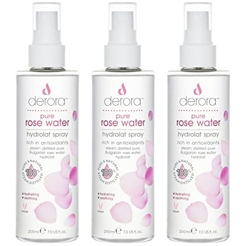 Derora Pure Rose Water - 200ml Spray x3 | 100% Pure & Natural Hydrolat Spray | Skincare for Soothing & Hydrating The Skin, Face & Hair | Vegan & Cruelty Free Cover