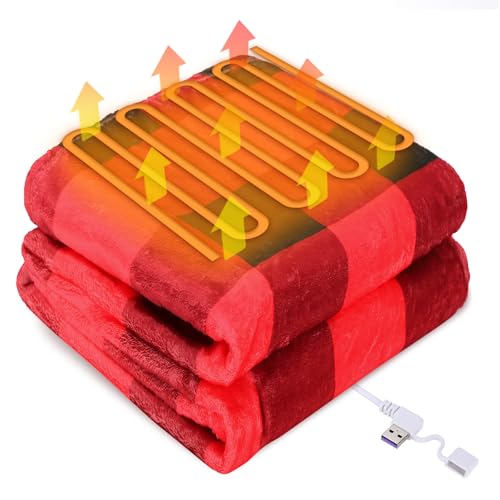 DecorSIXT USB Powered Electric Heated Checkered Throw Blanket Portable USB Heating Red and Black...