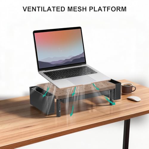 Image of WALI Plastic Computer Monitor Stand with Storage, Desk Organizer with Drawer and Pen Holder, Desk Monitor Riser 3 Height Adjustable, Laptop Riser for Computer, Laptop, Printer(PTT003-C), 1 Pack, Brown