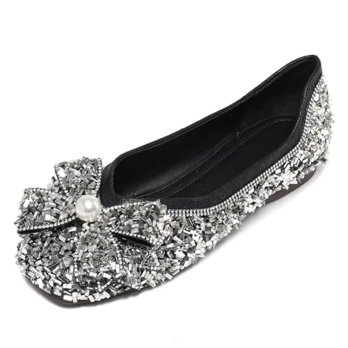 Hee grand Sparkly Rhinestone Wedding Dress Shoes for Women Square Toe Bowknot Ballet Flat Shoes Low Heel Dress Shoes