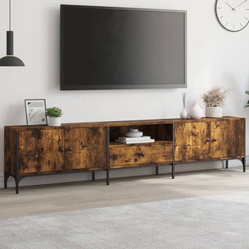 Industrial Wooden Large Wide TV Cabinet With 4 Doors, 1 Drawer & Metal Legs | Wood Tele Unit, TV Stands, Living Room Furniture (Rustic Smoked Oak)