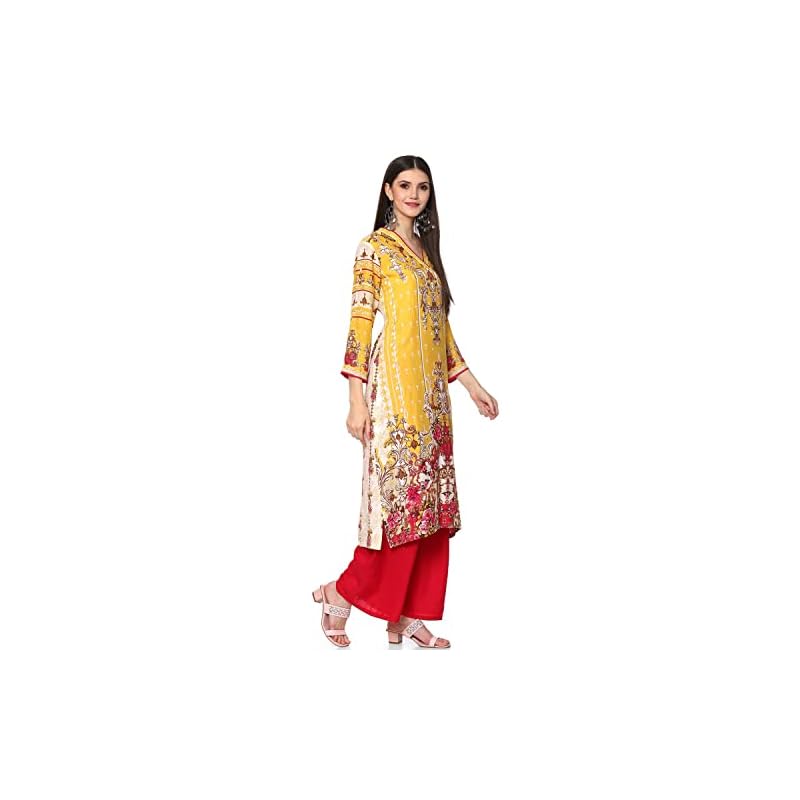 BIBA Women's Yellow Rayon Straight Printed Kurta - Image 4