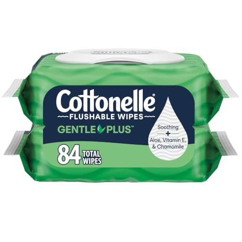 Image of Cottonelle GentlePlus Flushable Wet Wipes with Aloe & Vitamin E, 2 Flip-Top Packs, 42 Wipes Per Pack (84 Total Wipes), Packaging May Vary