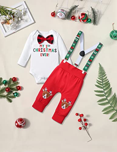 KANGKANG Baby Boy Christmas Outfit My First Christmas Ever Gentleman White Rompers + Suspender Pants 2Pcs Christmas Set4