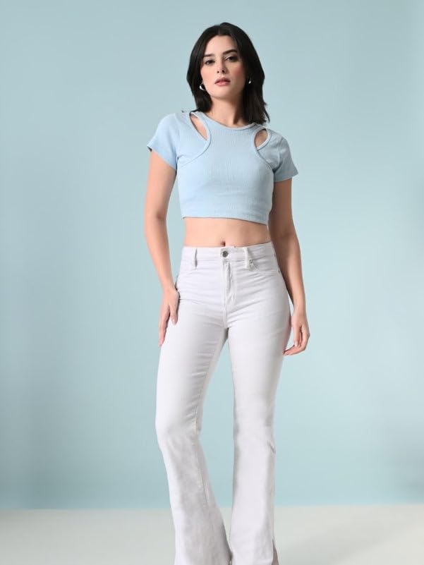 Image of Women's Blue Cotton Ribbed Crop Top | Short Sleeve Cut-Out Design | Stylish Summer Top