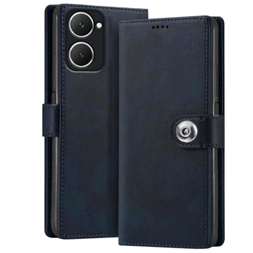 Image of KashiVerse Genuine Leather Inside Back TPU Wallet Button | Magnetic Stand Dual Layer Flip Cover Compatible for Vivo V2407 /Y28s /Y18 /iQOO Z9 Lite / Y18i - Navy Blue