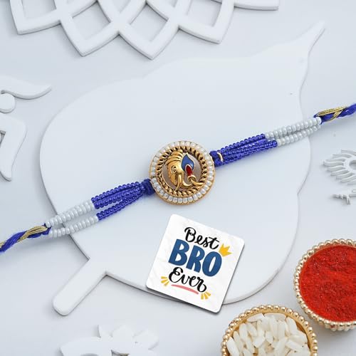 Image of eCraftIndia Pearls Lord Ganesha Rakhi for Brother Bhaiya Bhai with Best Bro Ever Fridge Magnet | Roli Chawal Pack