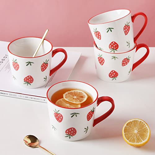 Childike Strawberry Mug 13 Oz Ceramic Coffee Mug And Gold Spoon Set Of 4, Cute Tea Cup, Porcelain Mug For Breakfast, Cappuccino, Latte , Soup, Cereal, Ice Cream, Dishwasher And Microwave Safe #TOP1