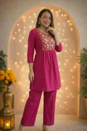 Image of Women's Rayon Embroidered Kurti with Pant Set | Floral Yoke Design | 3 /4 Sleeve Ethnic Co-Ord Set | Regular Fit Traditional Outfit