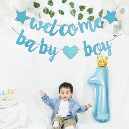 Willkommen Baby Boy Banner – Glitzernde Deko Für Babyparty & Geburtstag | Blaues Banner | Wanddekoration