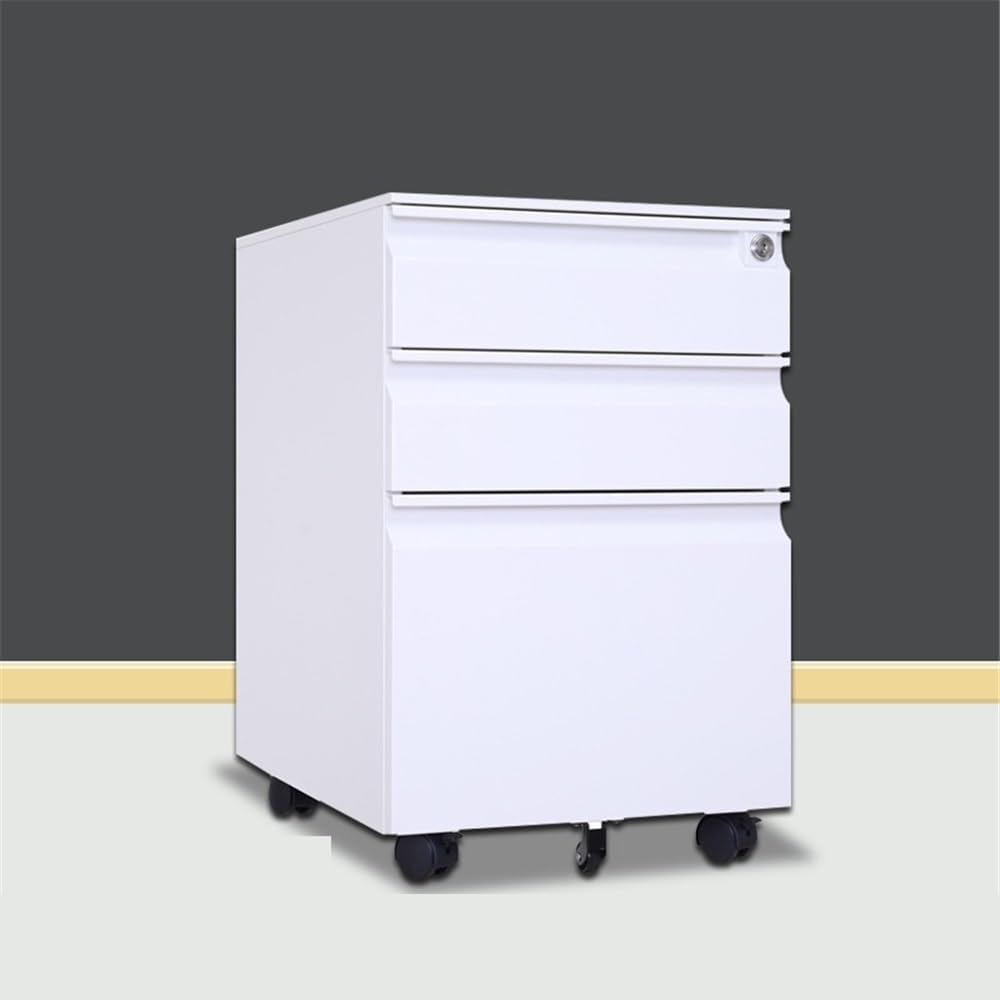 File Cabinet Steel Cabinet Three Drawers with Wheels Mobile Office File Short with Lock Thick Office Cabinet(White)