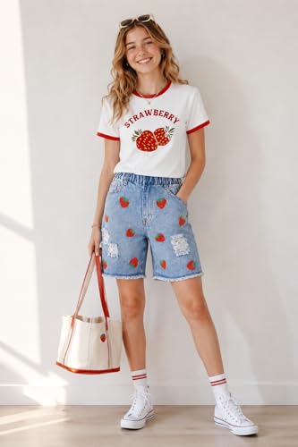 Image of Azmxynol Tween Girl Clothes Summer 2 Piece Outfit Set Trendy Tee Shirt + Denim Shorts, Size 7-16 Years