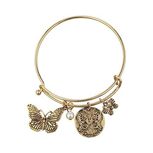 Image of LUX ACCESSORIES Minimalist Butterfly Dream White Pearl Pendants Gold Bangle Bracelet