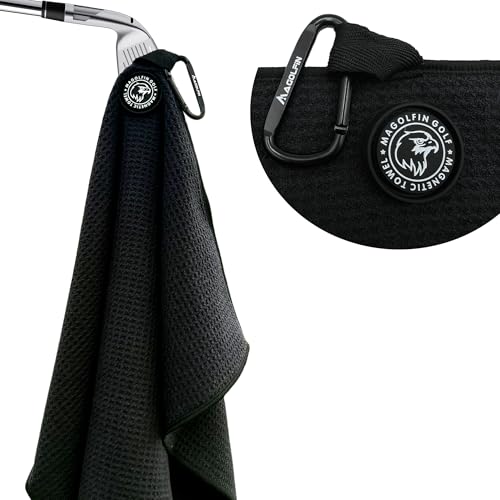 MAGOLFIN Magnetic Golf Towel with Clip, Microfiber Waffle Design - Industrial Strength Magnet for Strong Hold to Golf Bags, Carts & Clubs - Black