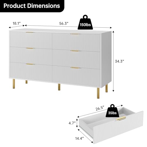 GarveeHome White Dresser, Modern 6 Drawer Dresser for Bedroom with Gold Handle and Large Drawer, Wood Double Chest of Drawers and Storage Organizer for Living Room, Hallway, Entryway